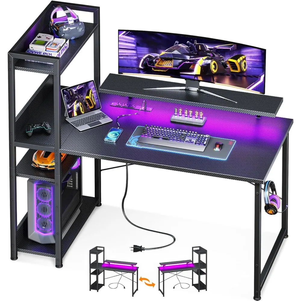 Reversible Gaming Desk with USB Charging Port and LED Lights, 40 Inch Computer Desk with Storage Shelves & Monitor Stand, Study