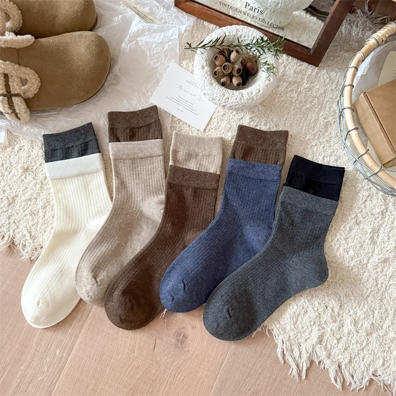 

5 pairs of spring autumn women's contrasting mid length socks versatile vertical stripes sweat absorbing comfortable socks