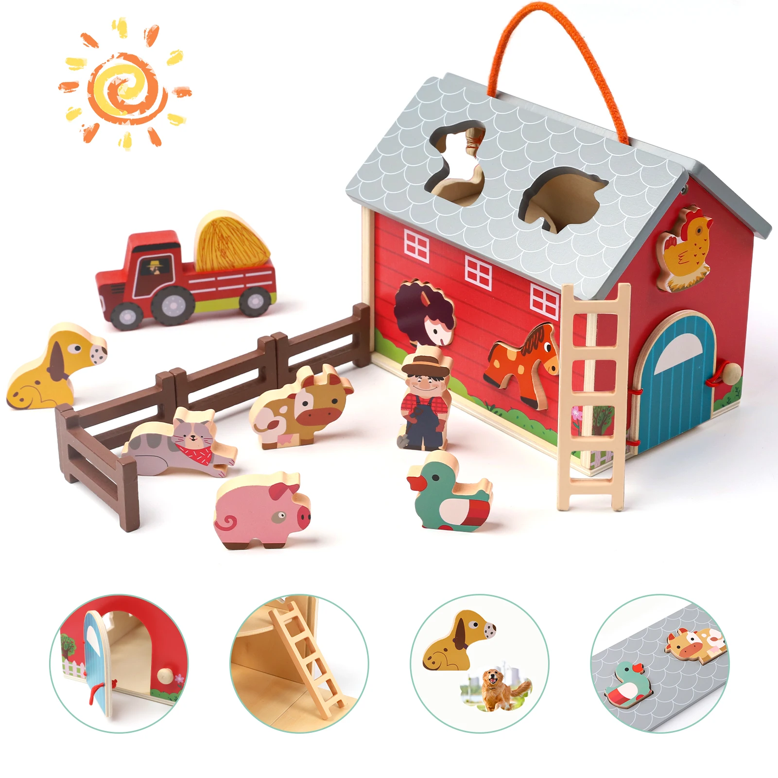 Wooden Farm Toys for 2 3 Year Old, Farm Animals for Toddlers 1 - 3 with Big Barn and Tractor, Sorting Stacking Learning Toys for