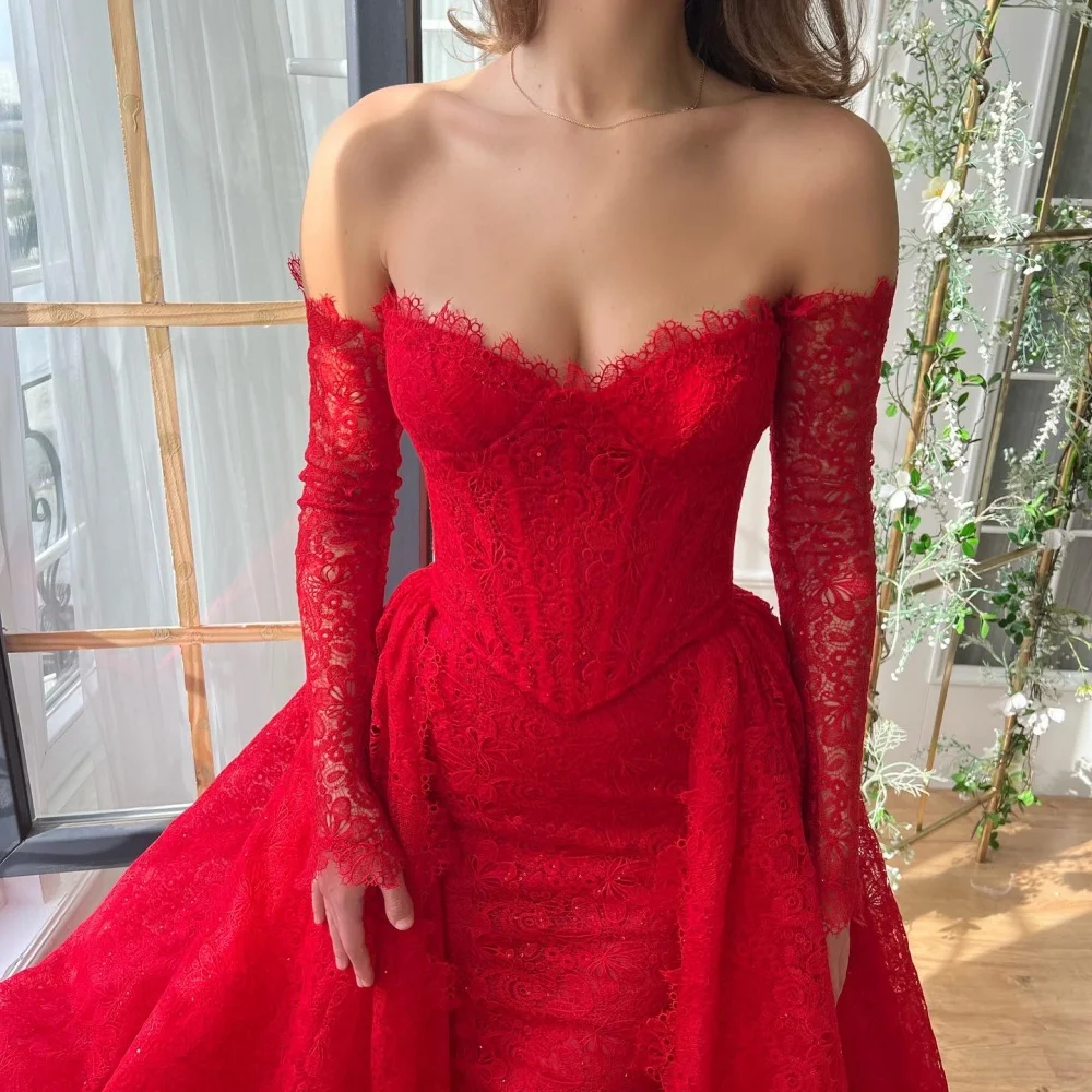 Amanda Customized Red Off the Shoulder Strapless Lace robes de soirée Long Sleeves A-line Party Dresses Floor-Length Prom Dress