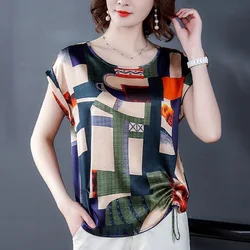 Blusa holgada con estampado Vintage para mujer, Jersey informal de gran tamaño con cuello redondo, camisa de satén para viaje, novedad de verano 2023