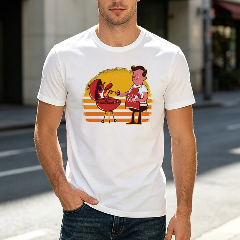 Sunset Retro BBQ Man Men T Shirt Vintage Grill Apron Graphic Tee Weekend Cookout Dad Husband Gift For 80s 90s Nostalgia
