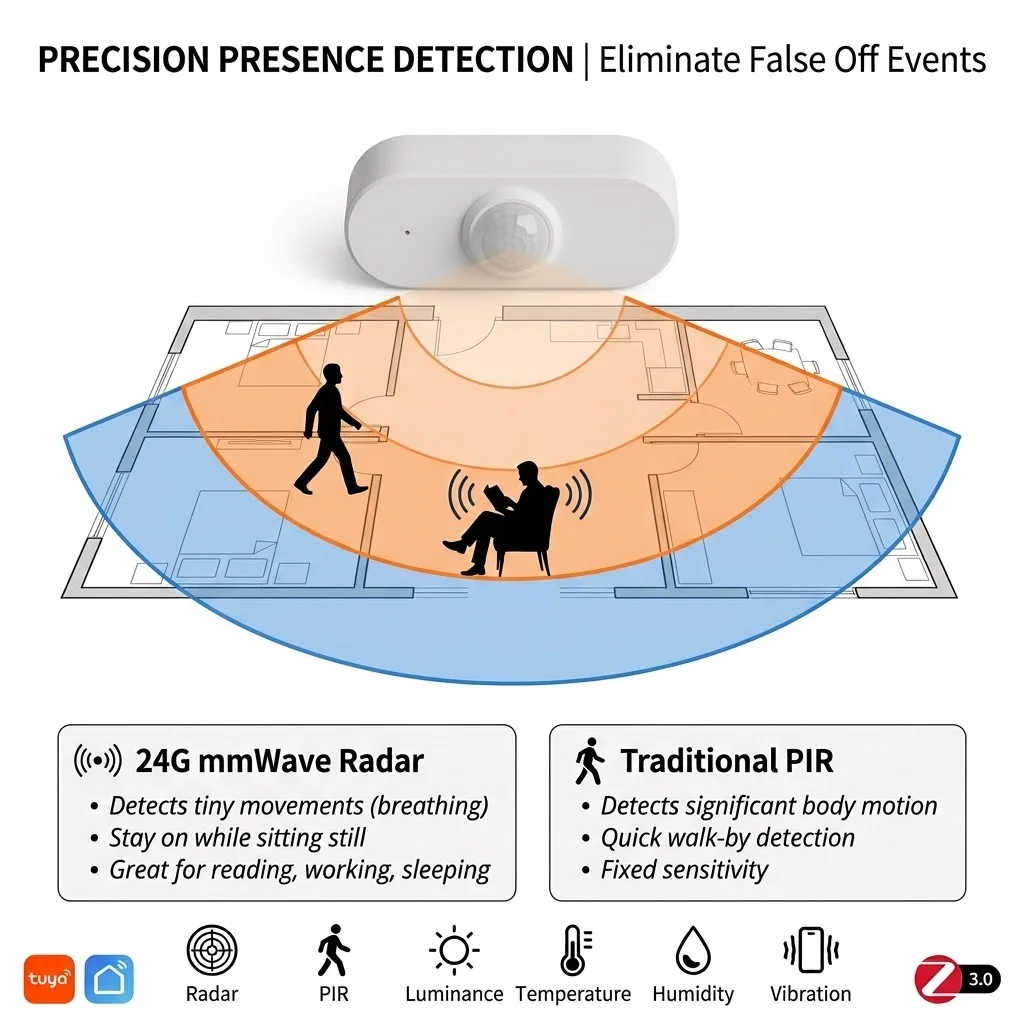 Tuya Human Presence Sensor Smart Zigbee 24G MmWave Radar +PIR, Luminance Detection Use Battery Support Zigbee2mqtt Home Assistan