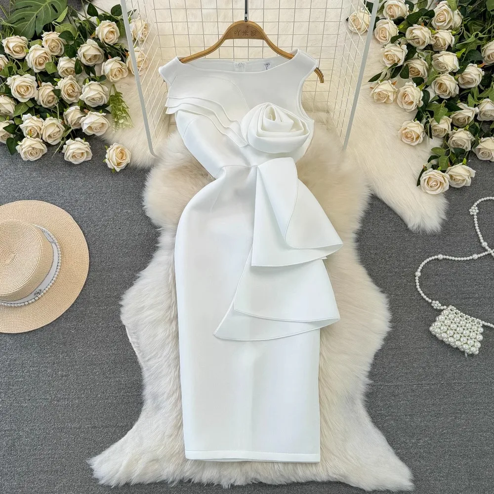 

White Gown Dress Women Mid Length Dresses A Line Vestidos Floral Slim Party High Waist Sleeveless Elegant Party Y2k Wedding