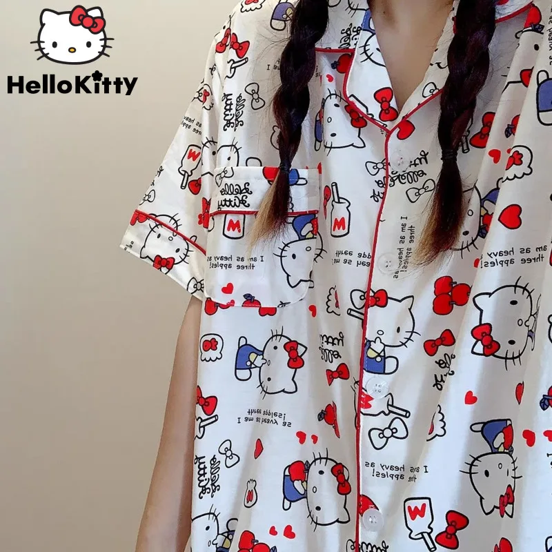 Sanrio Hello Kitty Cute Pajamas Suit Button Top Shirt Shorts Home Clothes 2 Piece Set For Women Cartoon Fashion Sleepwear Kawaii