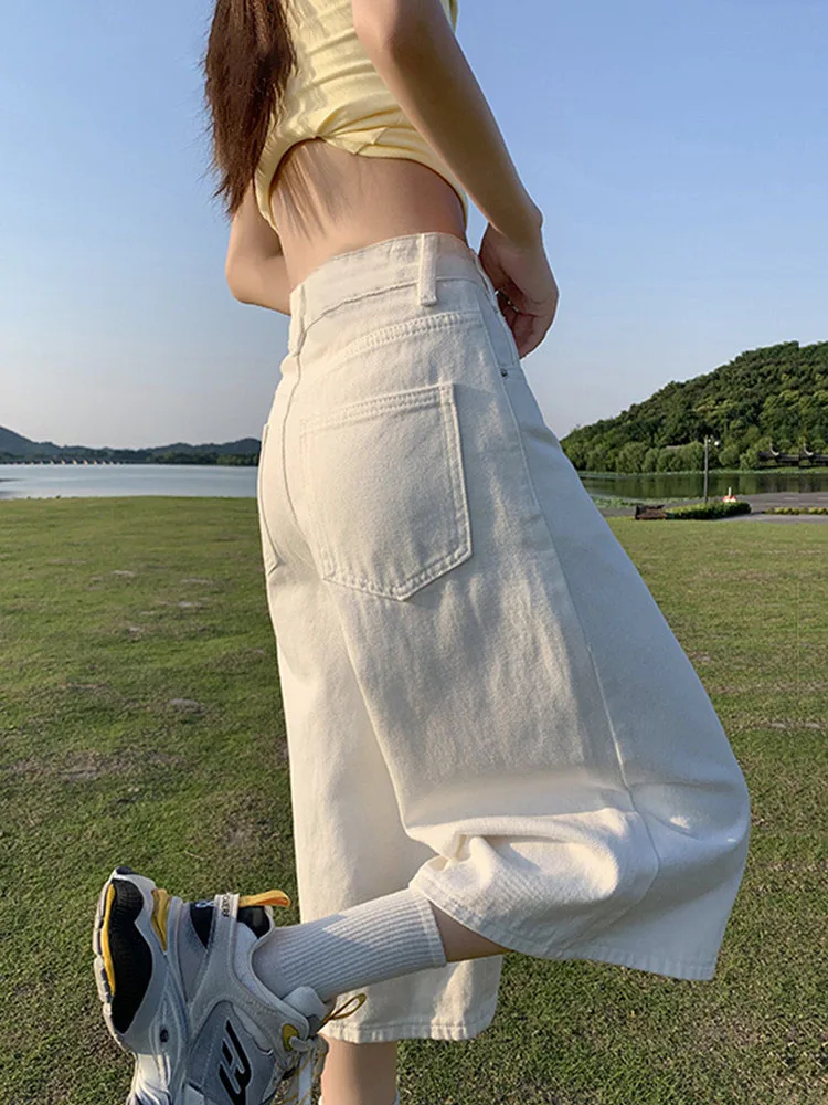 

White Denim Short Pants Women's High Waist Slimming Loose plus Size Summer Thin Seven-Five Casual Wide Leg Jeans