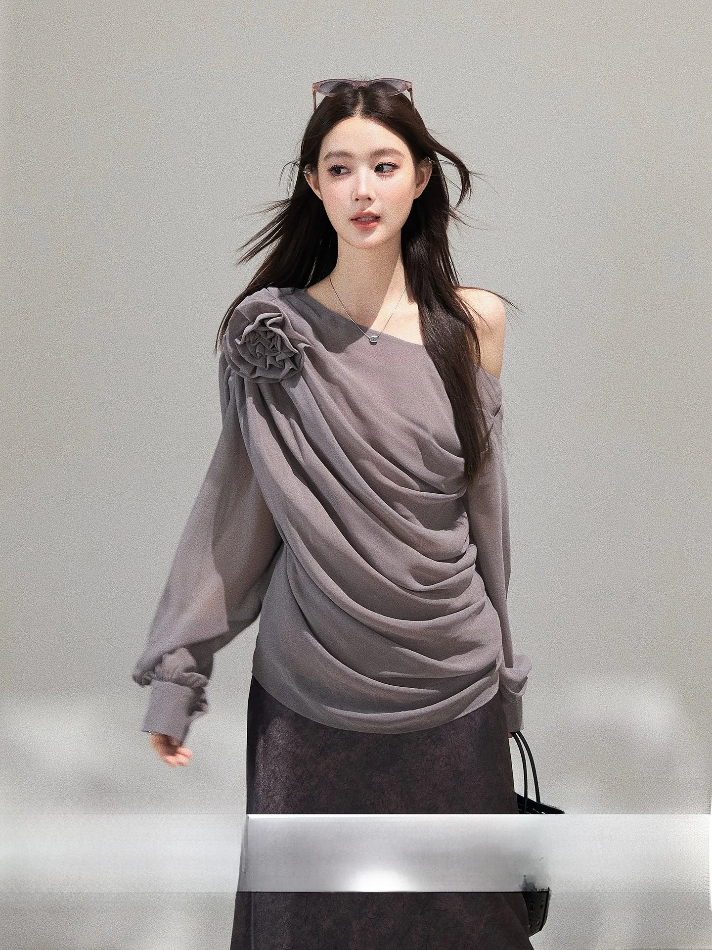 

Xie Bu Rou Summer Slimming Loose Wide oulder Chiffon Top Women's Asymmetrical Folded French Sle Long Sve Lace irt