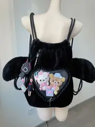 JIAERDI Plush Angel Wing Black Ita Bag Backpack Women Harajuku Aesthetic String Y2k Backpacks Ladies Sweet Cute Heart Mochila