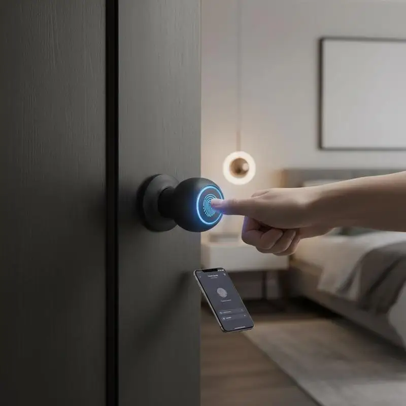 

Biometric Entry Handle 6.5 x 2.6 inches For Home Bedrooms Cloakroom Hotels, Fingerprint Identification APP Control Zinc Alloy Construction Keyless Access Black Accessory