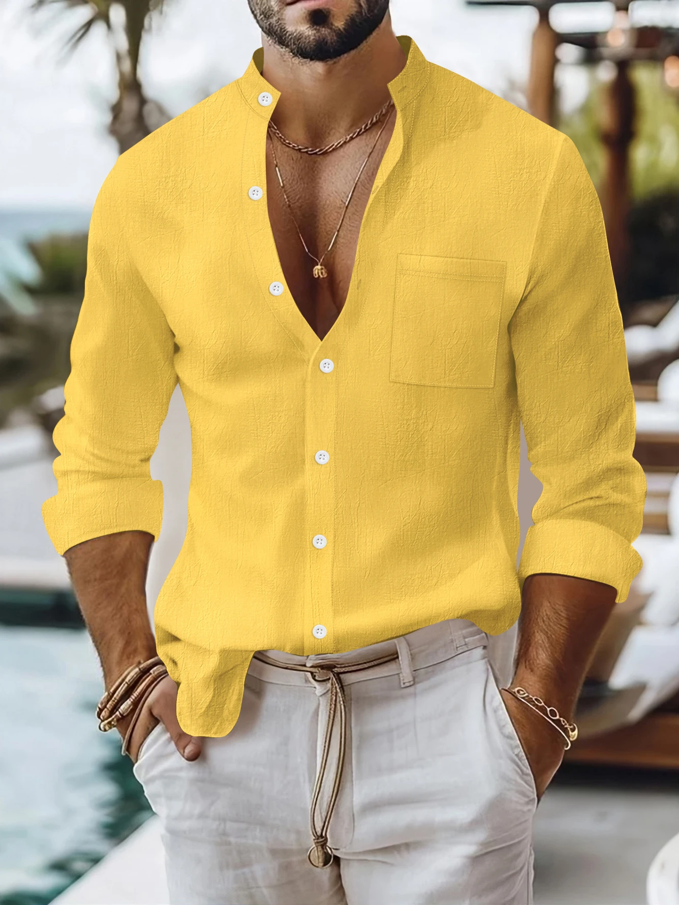 2025 Spring and Autumn New Men's Long Sleeve Shirt Cotton and Hemp Stand Collar Casual Cardigan