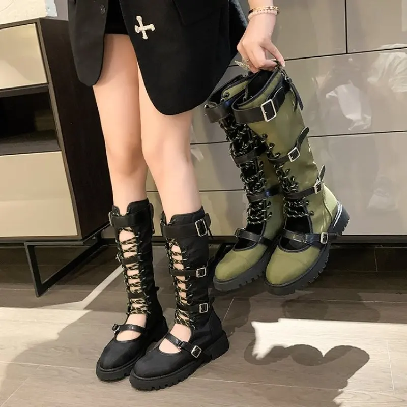 Roman-Style Cross-Lace Cutout Long-Barrel Sandals Muffin Heels With Peep Toe belt fastener To Raise Zipper Sexy Women's Sandals