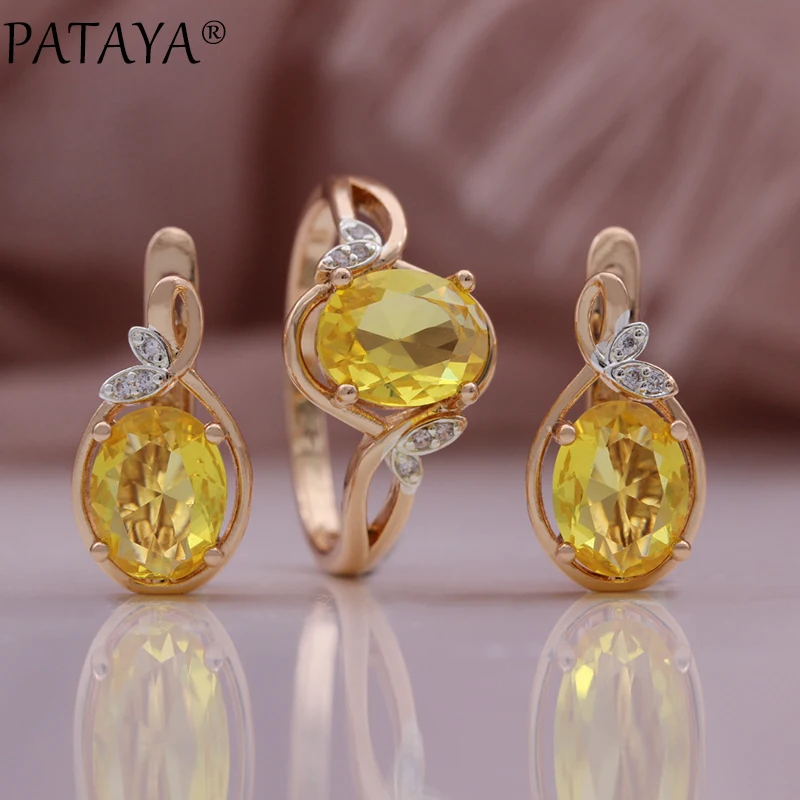 PATAYA New Champagne Round Cut Natural Zircon Earrings Ring Sets for Women 585 Rose Gold Color Earring Party Fashion Jewelry Set