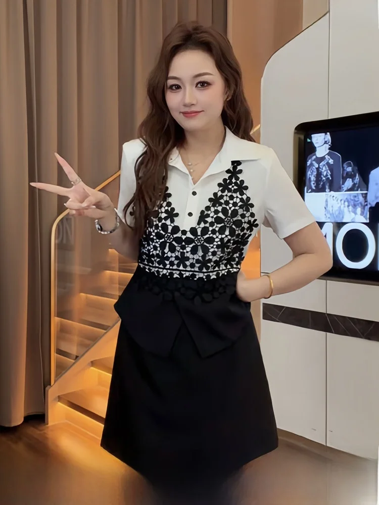 

Elegant Lace Trim Short Sleeve Shirt A-Line Skirt Set plus Size Women Summer New Style Commute Korean Loose Fit High Waist