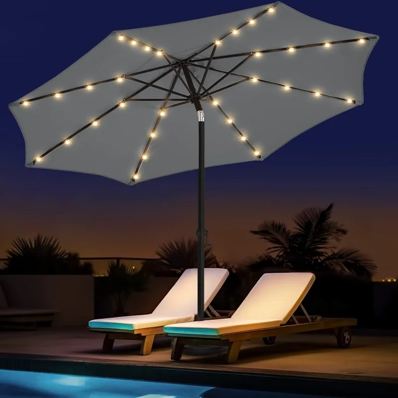 

10ft Solar Led Patio Table Umbrella, Sturdy Outdoor Market Umbrella for Deck, Pool, Garden w/Tilt, Crank, 32 LED Lights