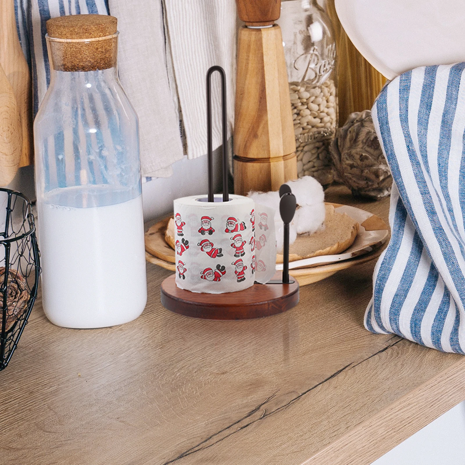 

Sturdy Wooden Base Paper Towel Holder Vertical Kitchen Roll Organizer Stand Metal Frame Space-saving for Home Restaurant