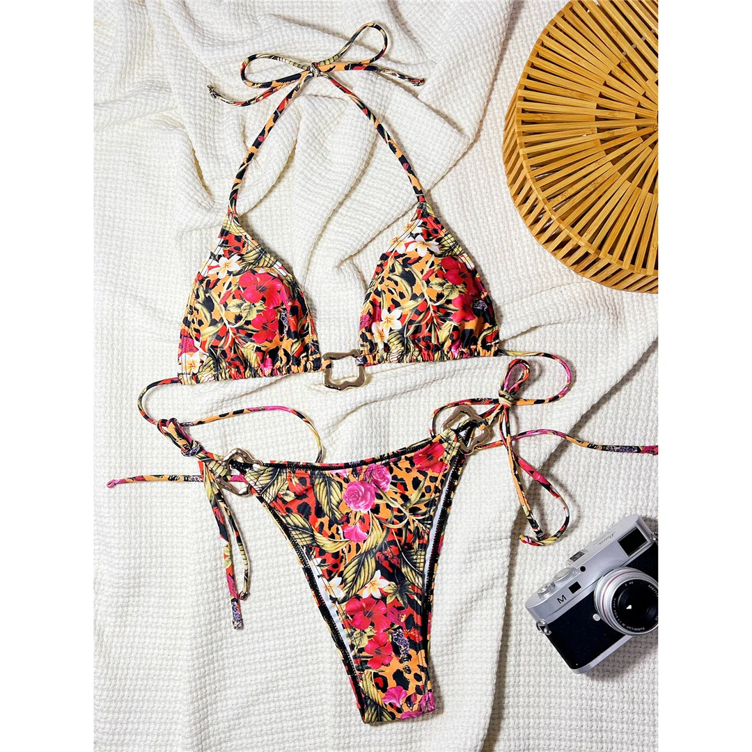Leopard-Blumen-Halterneck-Bikini mit hohem Beinausschnitt, Damen-Badeanzug, zweiteiliges Bikini-Set, Badebekleidung, Badeanzug, Schwimmbekleidung V6270 – Detail 11
