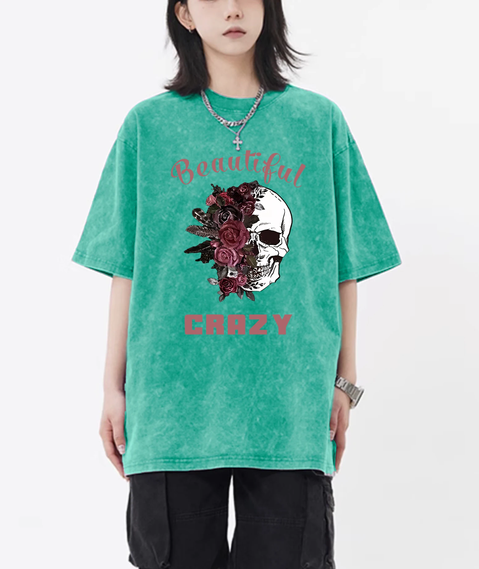 Beautiful Crazy Skull And Flowers Printed Snow Wash Womens T Shirt Cotton Cool Tee Shirts Unisex  Washed Short Sleeve Female image 3