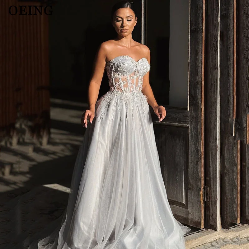 

OEING A-Line Silver Prom Dress Elegant Strapless Sweetheart Party Gowns Pleats Floor-Length Soft Tulle Dress Customized