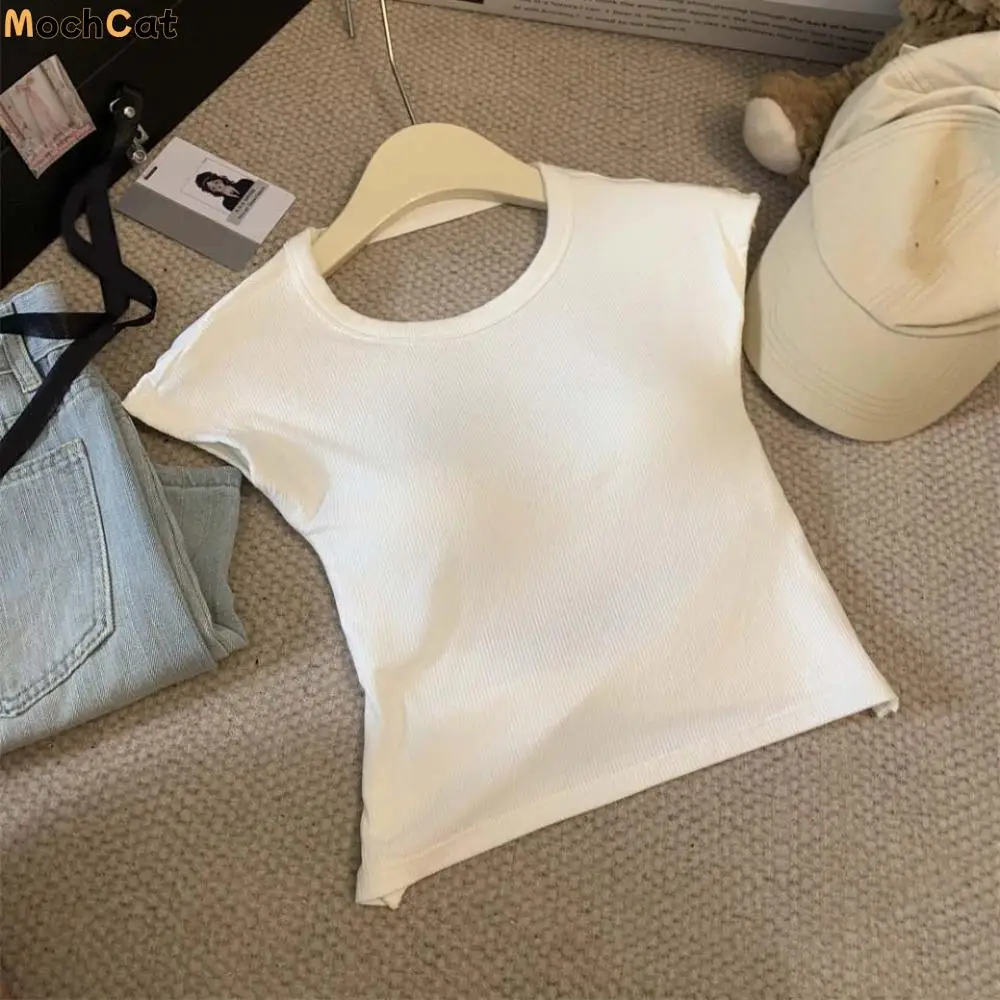 

Элегантная футболка с открытой спиной и коротким рукавом Y2k, тонкие укороченные топы с круглым вырезом, нижние рубашки, жилет с подушечками, женский