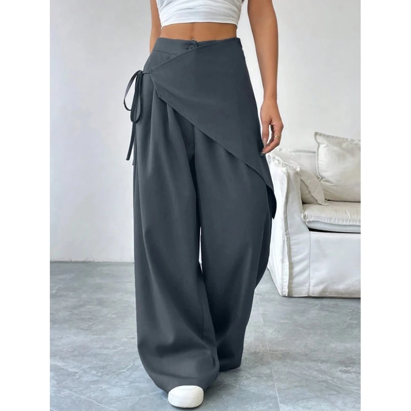 

Loose Women's Wide Leg Pants Cross Lace-up Elegant Irregular Street Casual Trousers Solid Color Fashion High Waist Spring Autumn