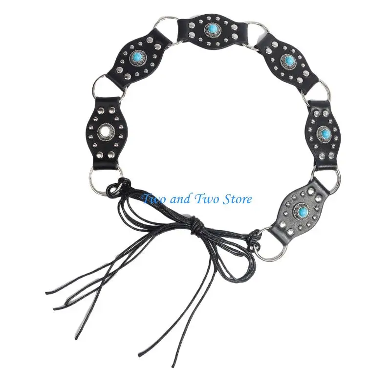 

HX6F Women Waist Belt Soft PU Waiststrap With Turquoise Decors for Music Festival