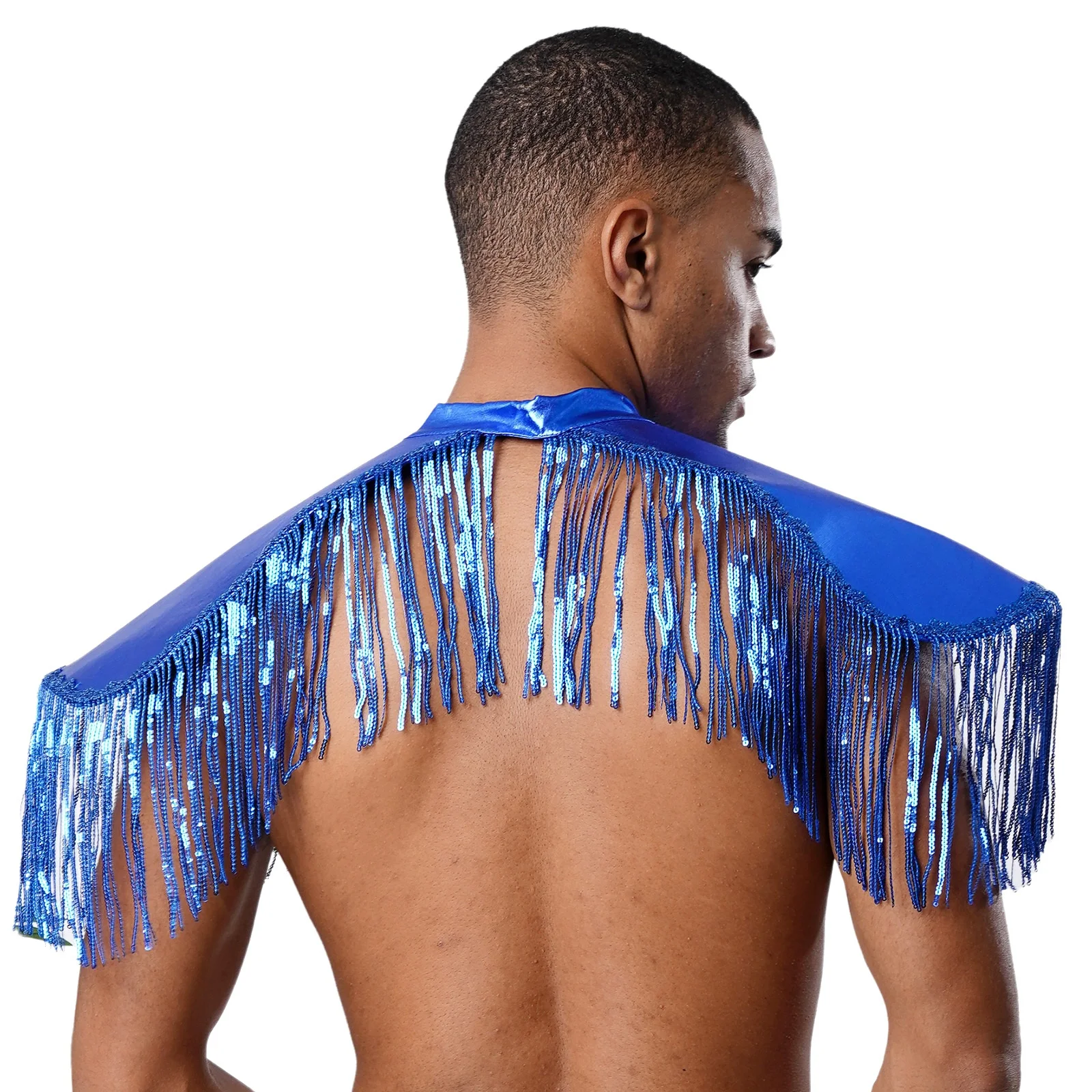 

Men Women Shiny Metallic Sequin Fringe Shoulder Pads Tassels Armor Vest Singer Costume Adult Halloween Cosplay Costume Accessory