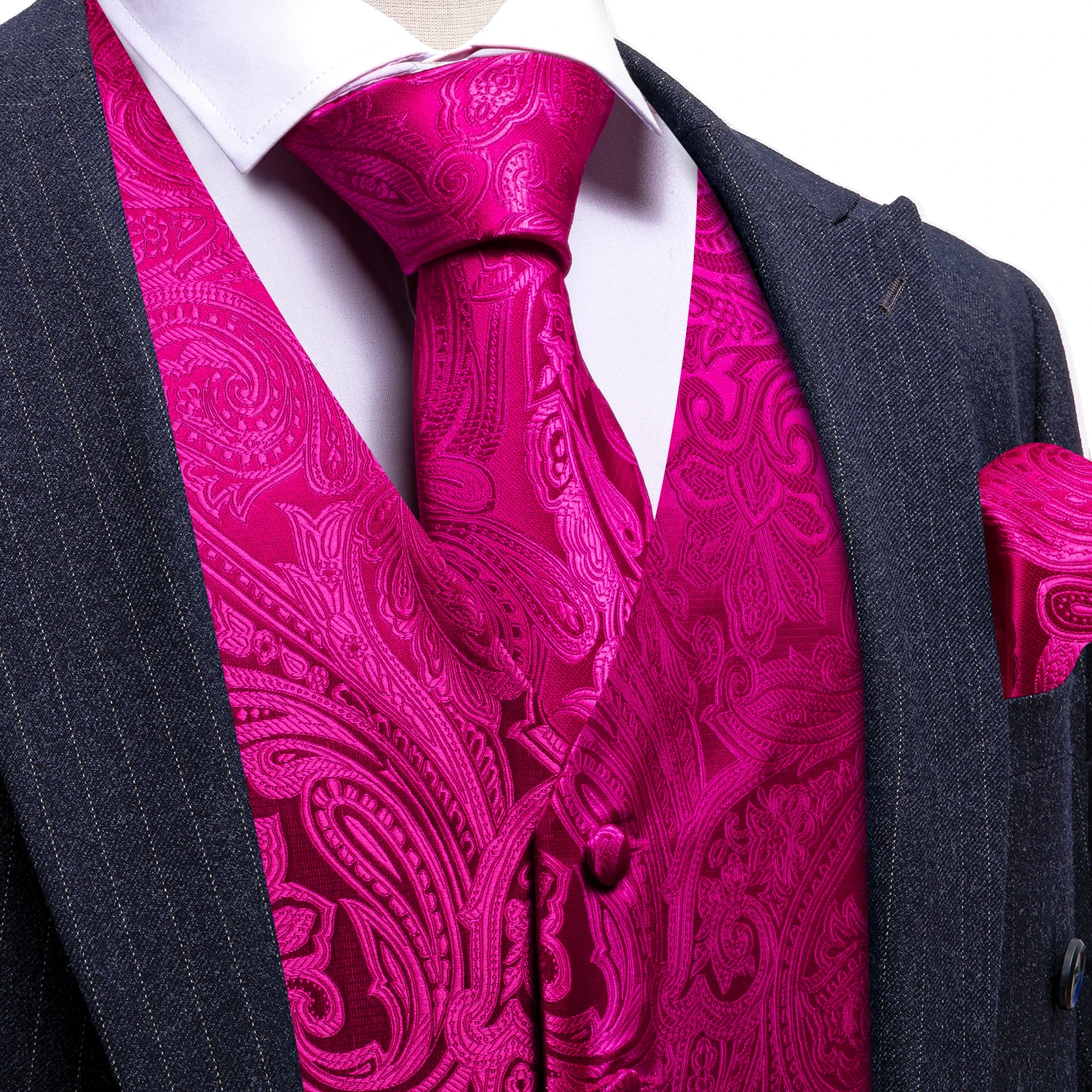 Luxury Silk Mens Vest Rose Red Flower Embroidered Waistcoat Tie Set Wedding Business Party Suits Sleeveless Jacket Barry Wang