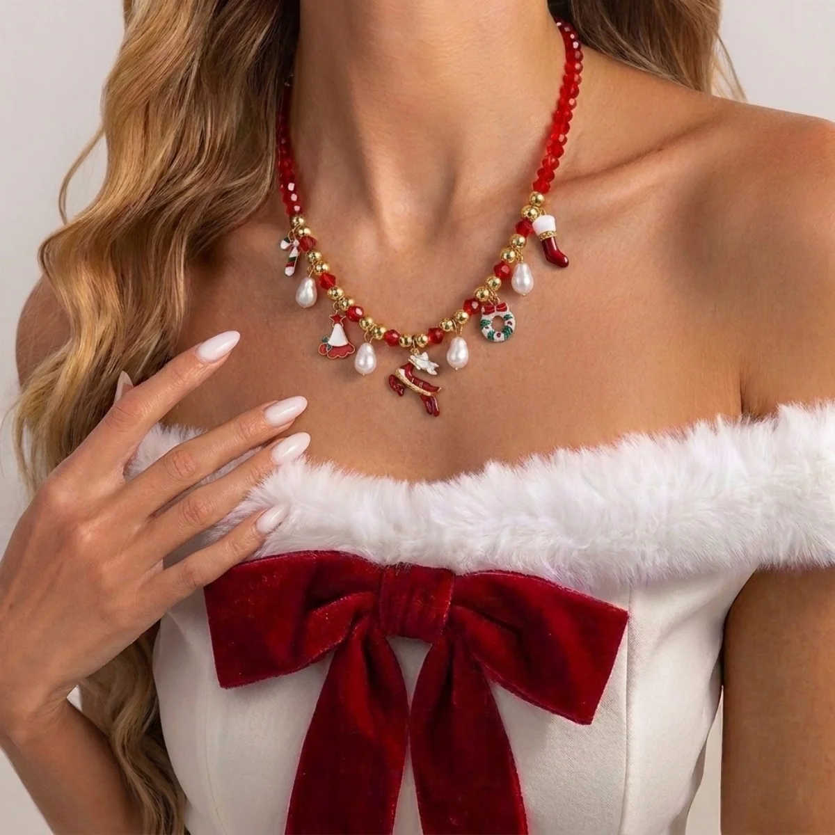 Weihnachtsbaum, Schneemann, Weihnachtsmann, Kranz, rote Kristall-Halskette für Damen und Herren, Weihnachten, Schneeflocken, Glocken, Hirsch, Halsband, Neujahrsschmuck – Detail 19