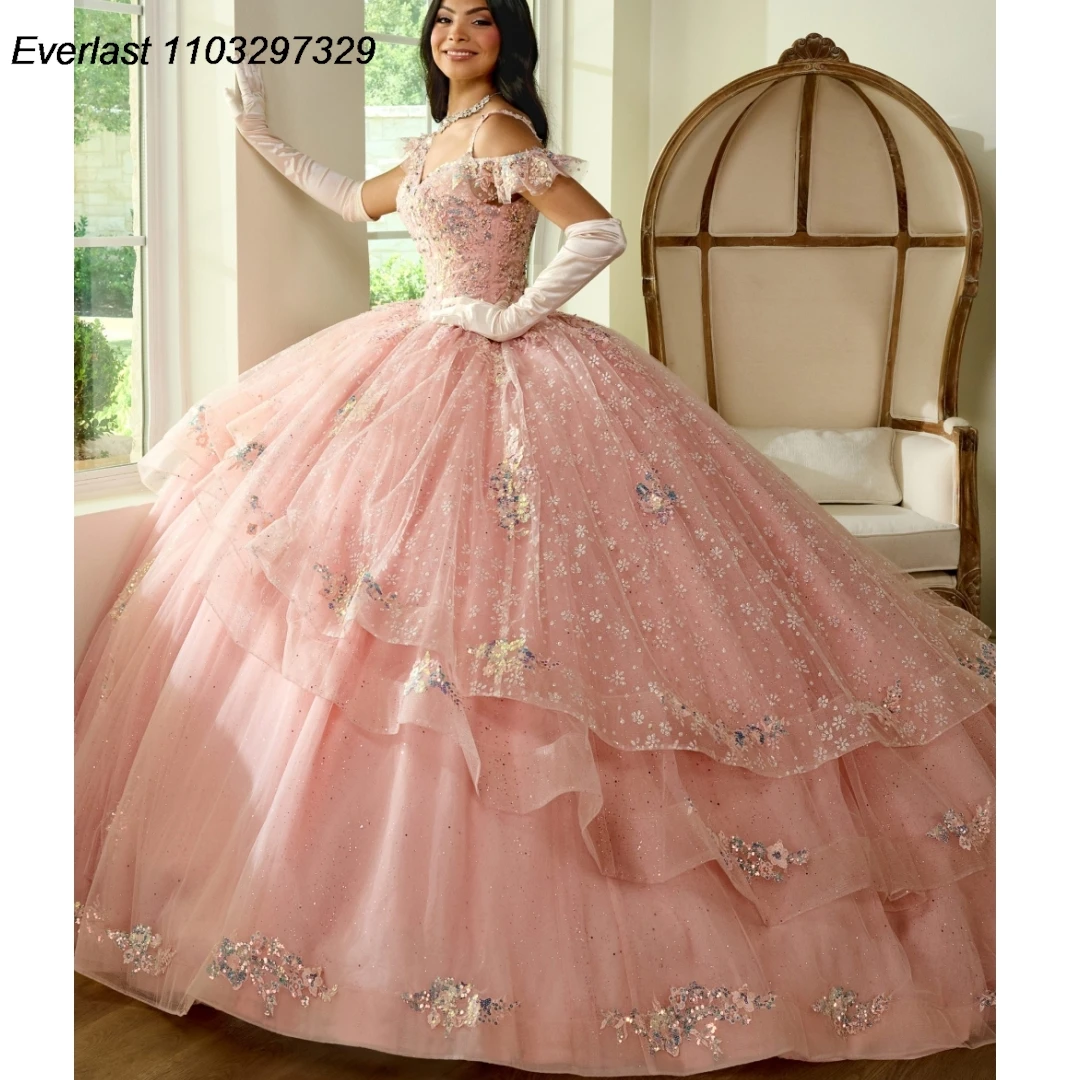 EVLAST abito Quinceanera rosa lucido abito da ballo pizzo Applique cristalli corsetto di perline a strati dolce 16 Vestido De 15 Anos TQD459