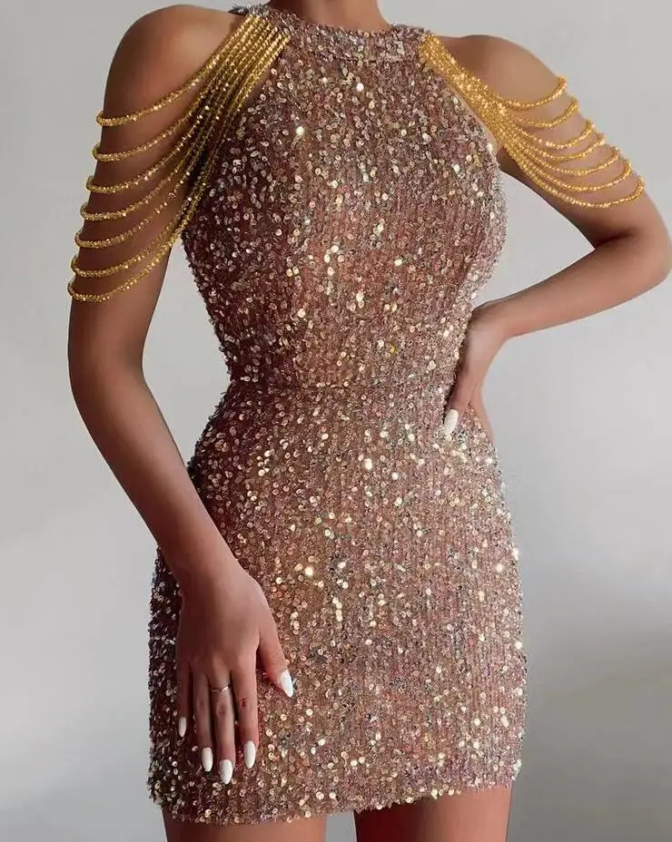 Spring/Summer New Fashion Hanging Neck Sexy Chain Wrapped Hip Sequin Sleeveless Slim Fit Dress For Women,6 Colors