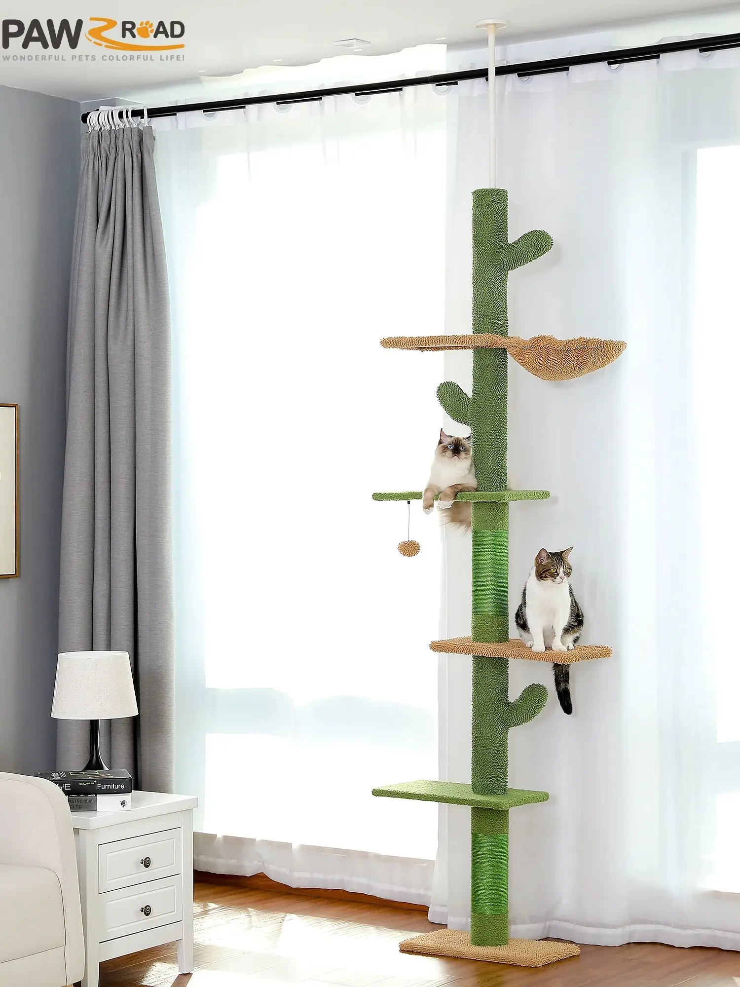 Krabpaal 5-laags van vloer tot plafond Kattentoren Cactus Hoge klimboom met krabpaal Hangmat Bungelende bal voor binnenkatten - afbeelding 2
