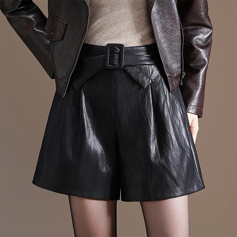 

High Waist PU Leather orts Women's Autumn Winter New Sle A-Line Wide Leg Pants Korean Version Faionable Boot Pants