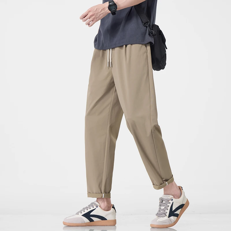 

Летние мужские универсальные зауженные укороченные брюки на шнурке, повседневные дышащие быстросохнущие удобные пляжные брюки из ледяного шелка