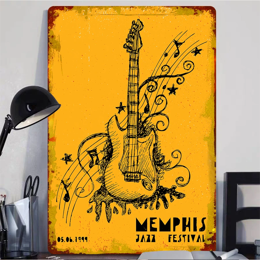 Vintage Hand Painted Guitar Metal Wall Art American Country Music Decor 1999 Memphis Jazz Festival Decorative Hanging