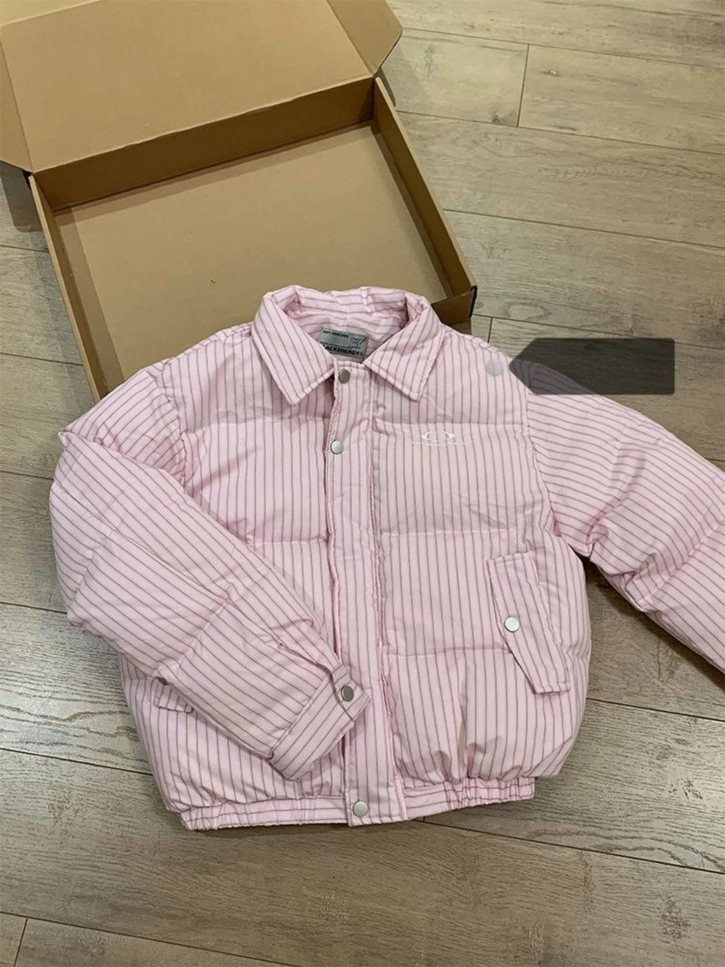 

Trendy ort Pink Striped Cotton Jaet Women's Spring Anti-Cold Bread Sle Faion Korean Loose Fit Thiened Long Sve