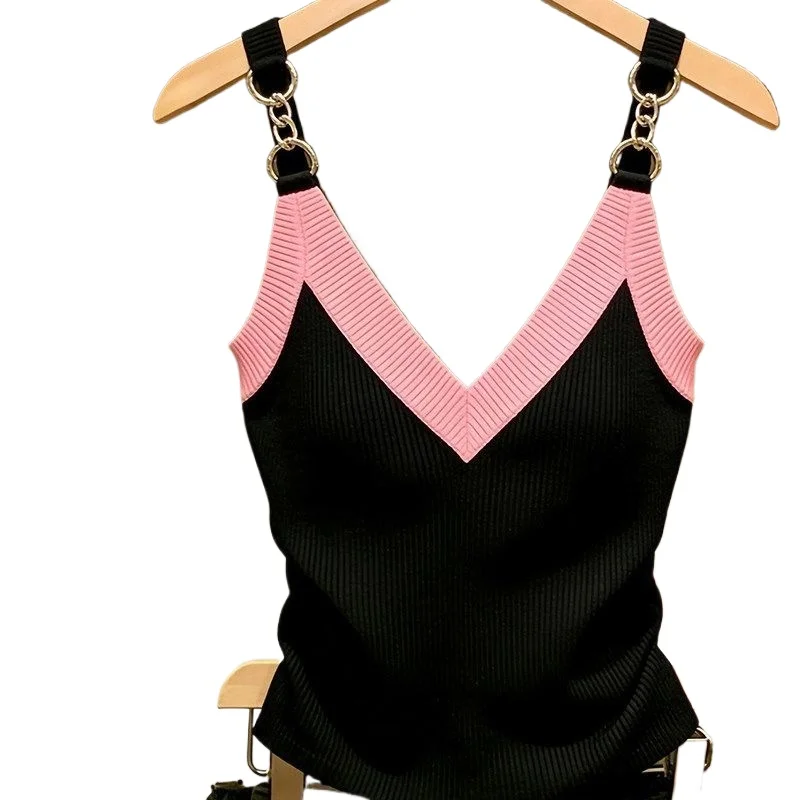 Spice Girl  Contrasting Color V-neck Knitted Sling Vest Large Size Outer Wear To Cover The Belly and Look Thin Good-looking Top