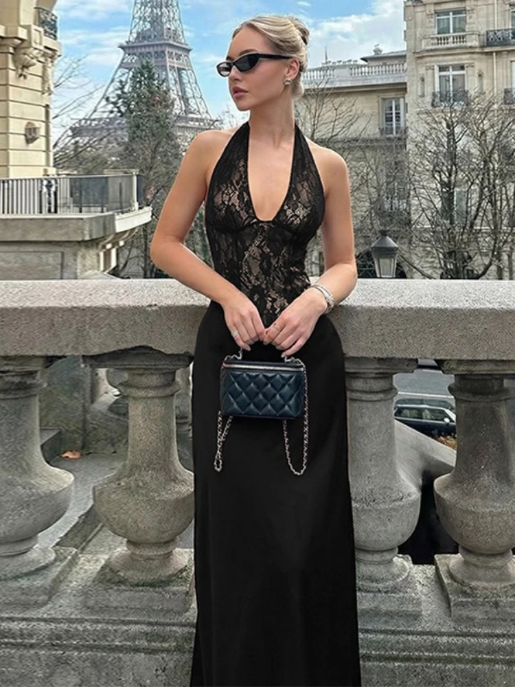 FDYOUI, vestidos de noche elegantes de satén con retazos de encaje para mujer, cuello Halter, espalda descubierta, túnicas de cintura alta, vestido largo de fiesta de cóctel 2026