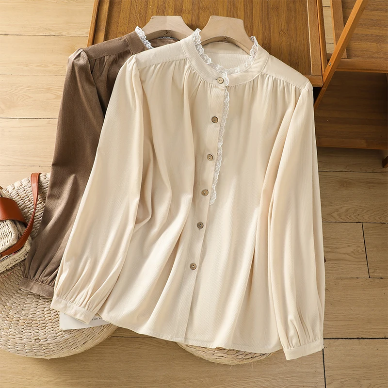 

Retro Lace Trim Collar Patchwork Corduroy irt Women's Loose Fit Top Super Cute Autumn Winter New Sle Button up Cotton Blend