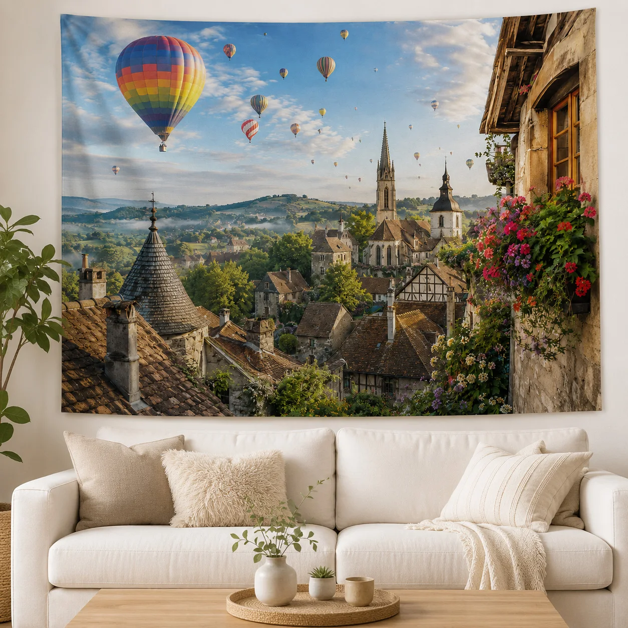 Hot air balloon tapestry flower rural landscape wall hanging, internet celebrity live streaming hanging cloth decoration