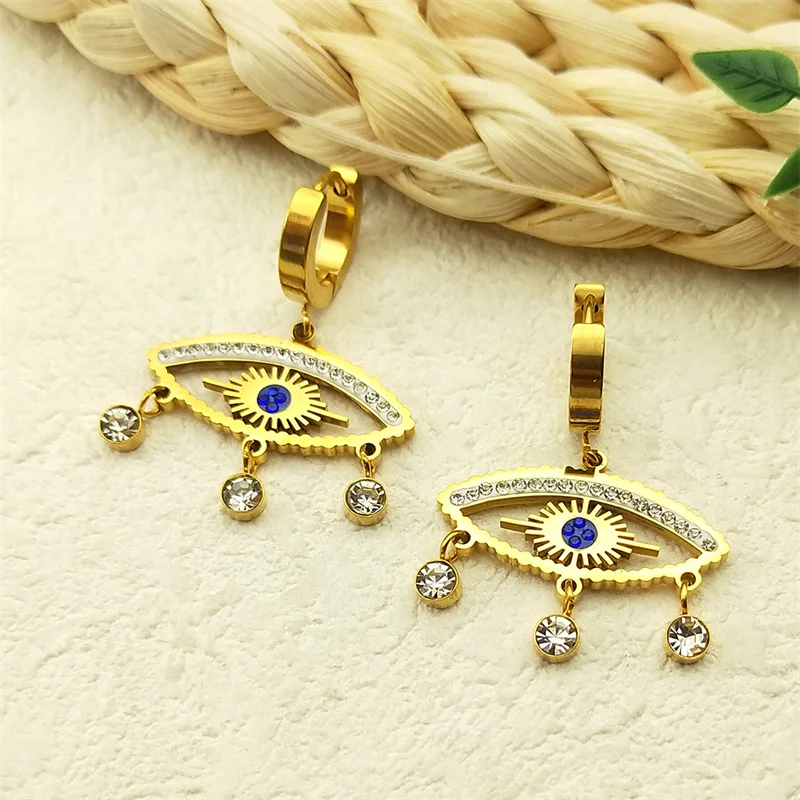 

Vintage Rhinestones Evil Blue Eye Hoop Earrings Women Stainless Steel Gold Color Demon Eyes Dangle Earrings Jewelry ZZZ1014
