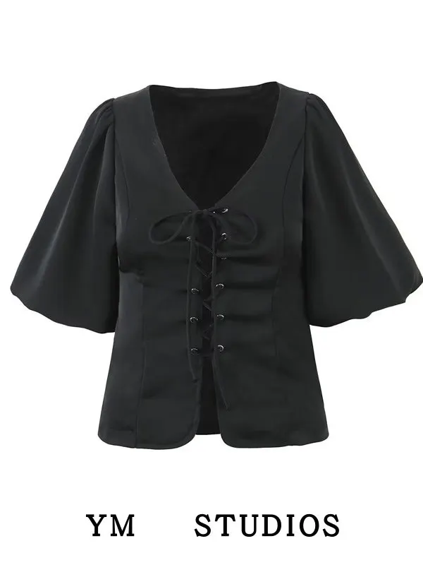 

Завышенная талия Tie Waist Bubble Sve V-Ne irt Bla White Commute Sle Slim Fit ort Sve Pure Color Office Faion