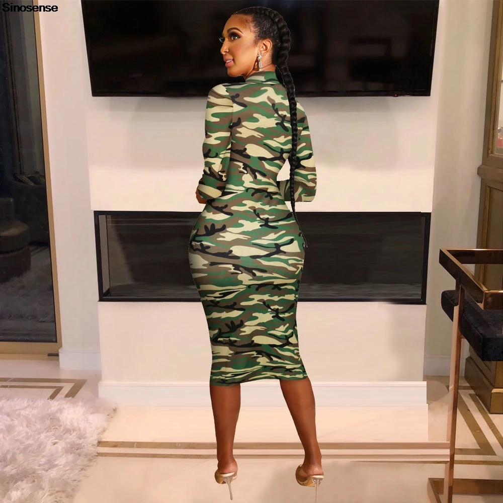 Women's Camo Print Bodycon Midi Dress Sexy Zip Up Crew Neck Long Sleeve Slim Fitted Pencil Dress Daily Wear Street Casual Dress