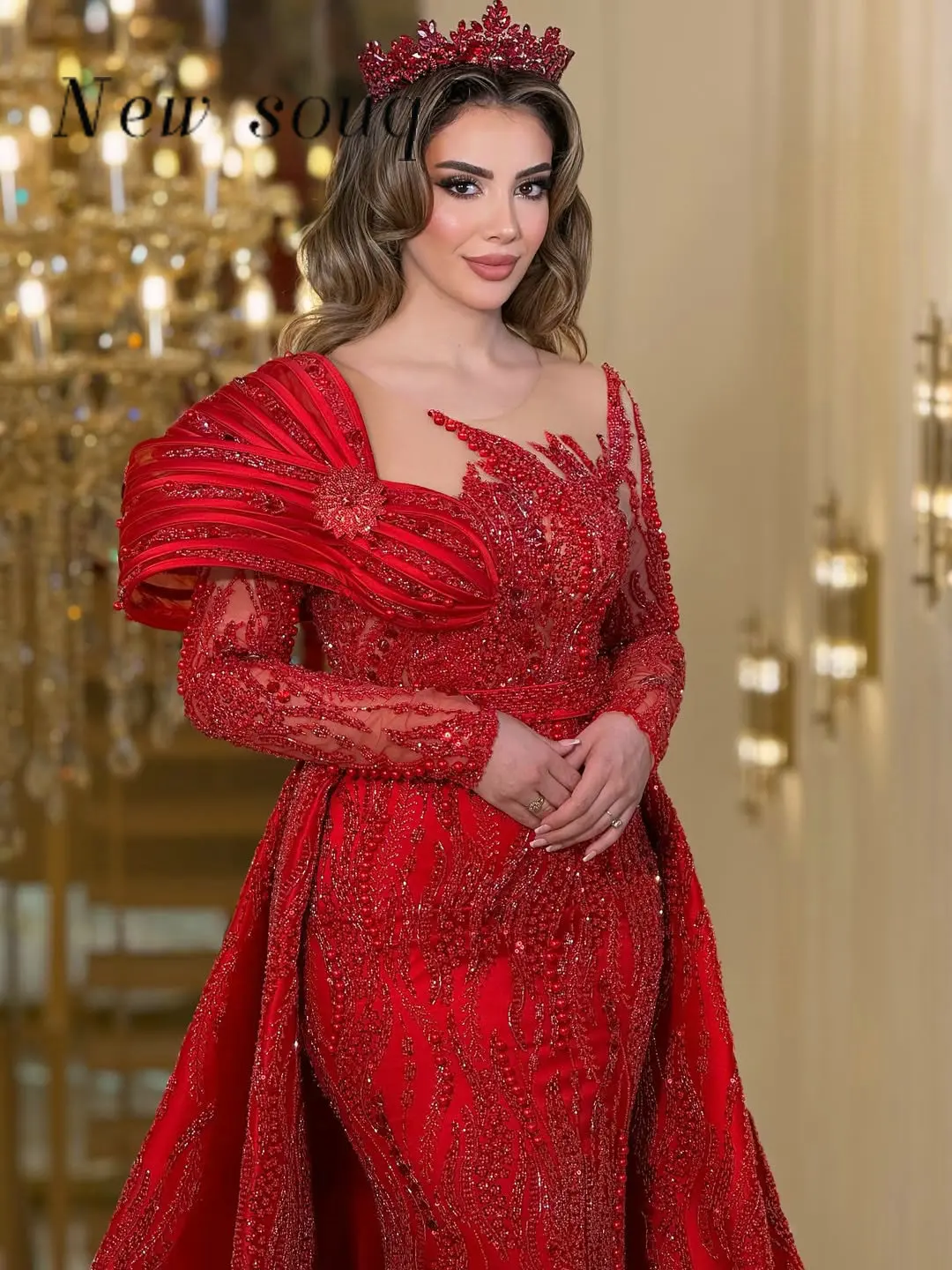Customized Burgundy Long Sleeves Wedding Party Gowns with Overskirt Arabic Formal Evening Dresses