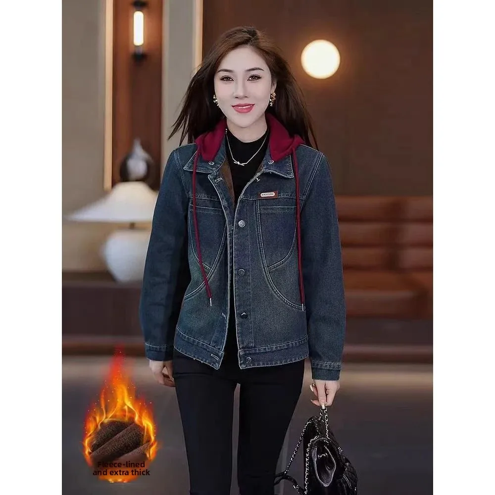 Thiened Fce 후드 데님 재킷 여성 캐주얼 오버사이즈 루즈핏 패셔너블 겨울 2024 신상 다용도 아우터웨어