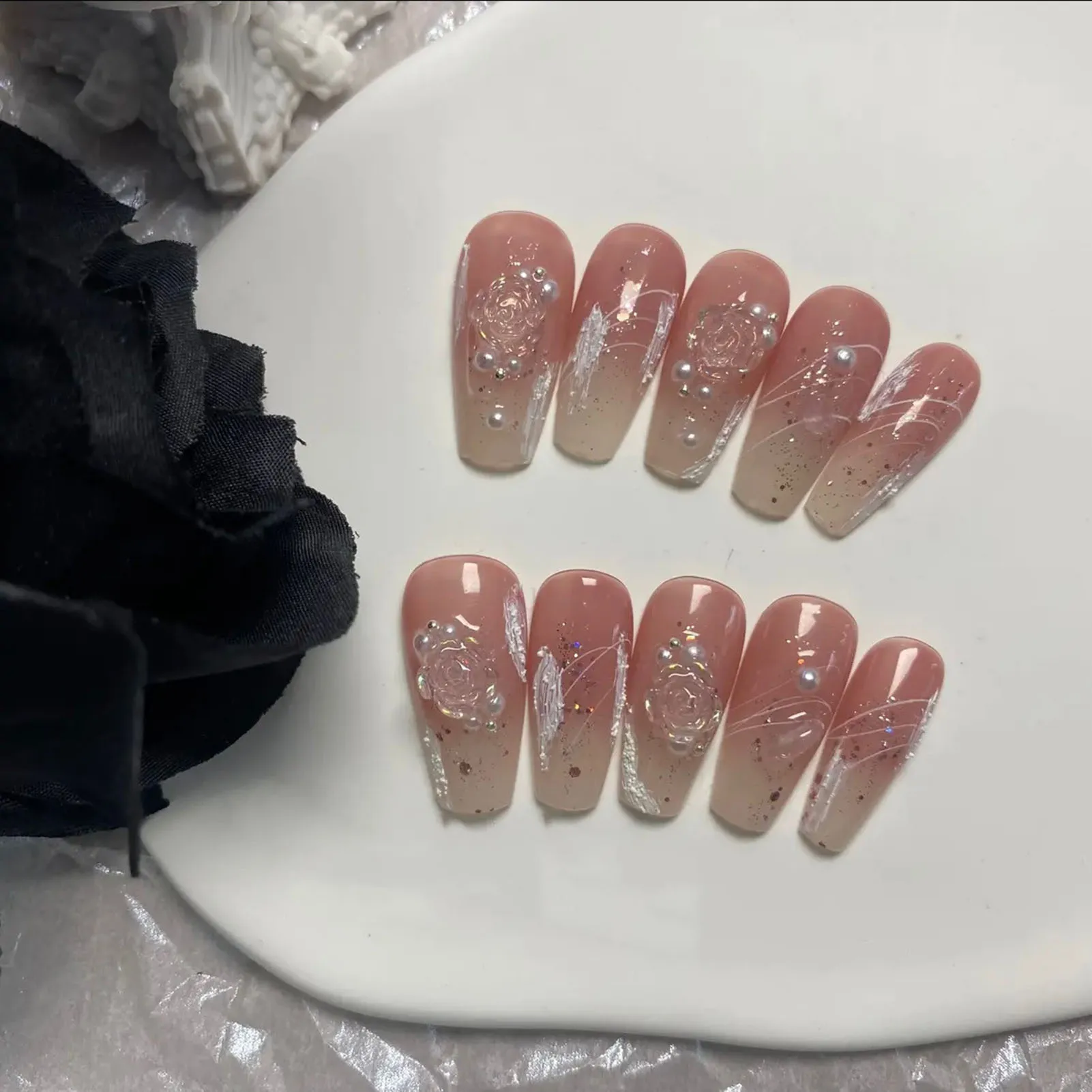 10pcs Handmade Pink Gradient Coffin Fake Nails Press On Acyrlic Nails Aurora Crystal Flowers Decor Ballet False Nails Wearable