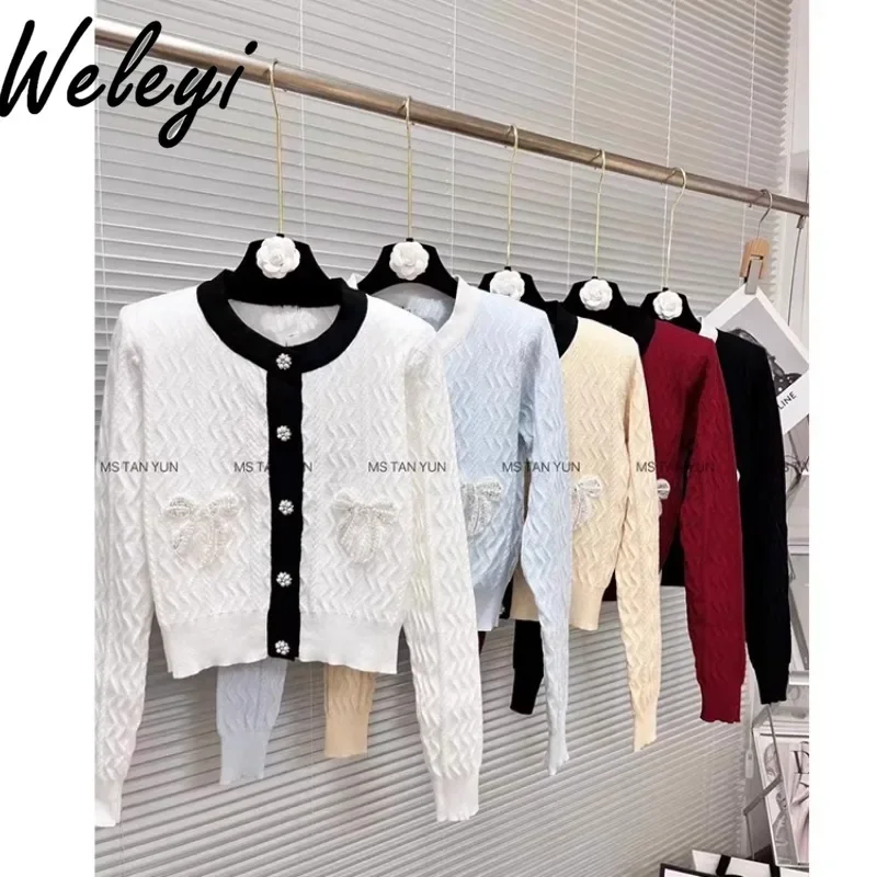 

Office Ladies Flower Buttons Bow Short Knitted Top 2024 Autumn and Winter New Elegant Long Sleeve Slimming Wool Knit Sweaters