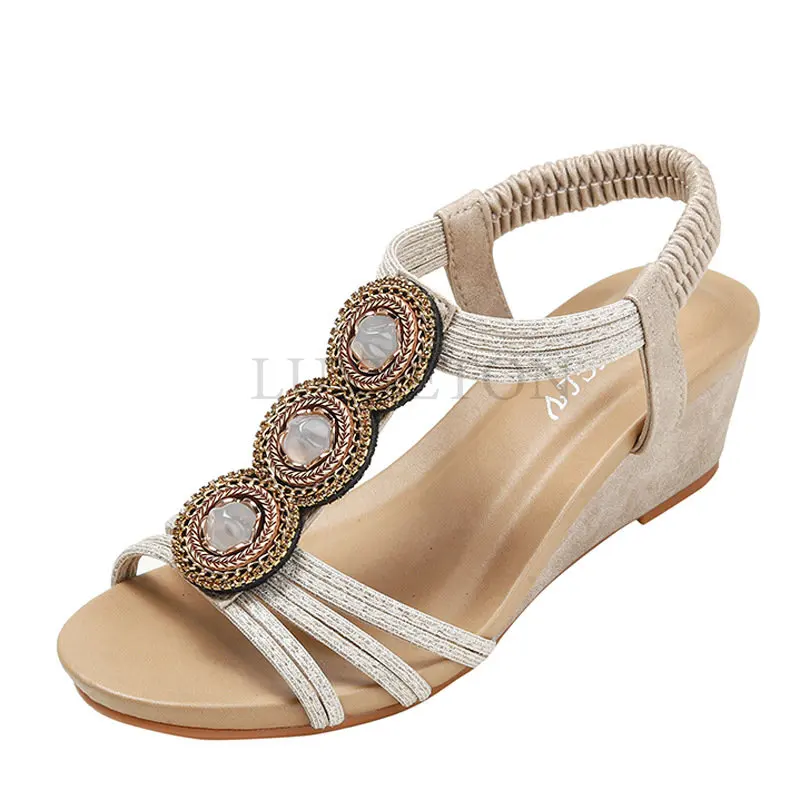 Summer Women Sandals Wedges Casual T-Strap Gladiator Sandals Fashion Bling Gold Silver Knitted Beach Flat Shoes Women