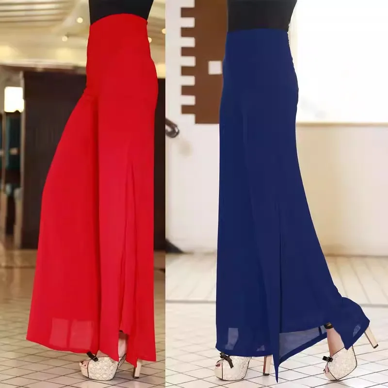 กางเกงขายาวทรงขาบานสำหรับผู้หญิง ลดราคาพิเศษช่วงซัมเมอร์ เอวสูง ผ้าชีฟองสองชั้น ผ่าข้าง ซิปสวยงาม ดูหรูหรา บางเบา ทันสมัย