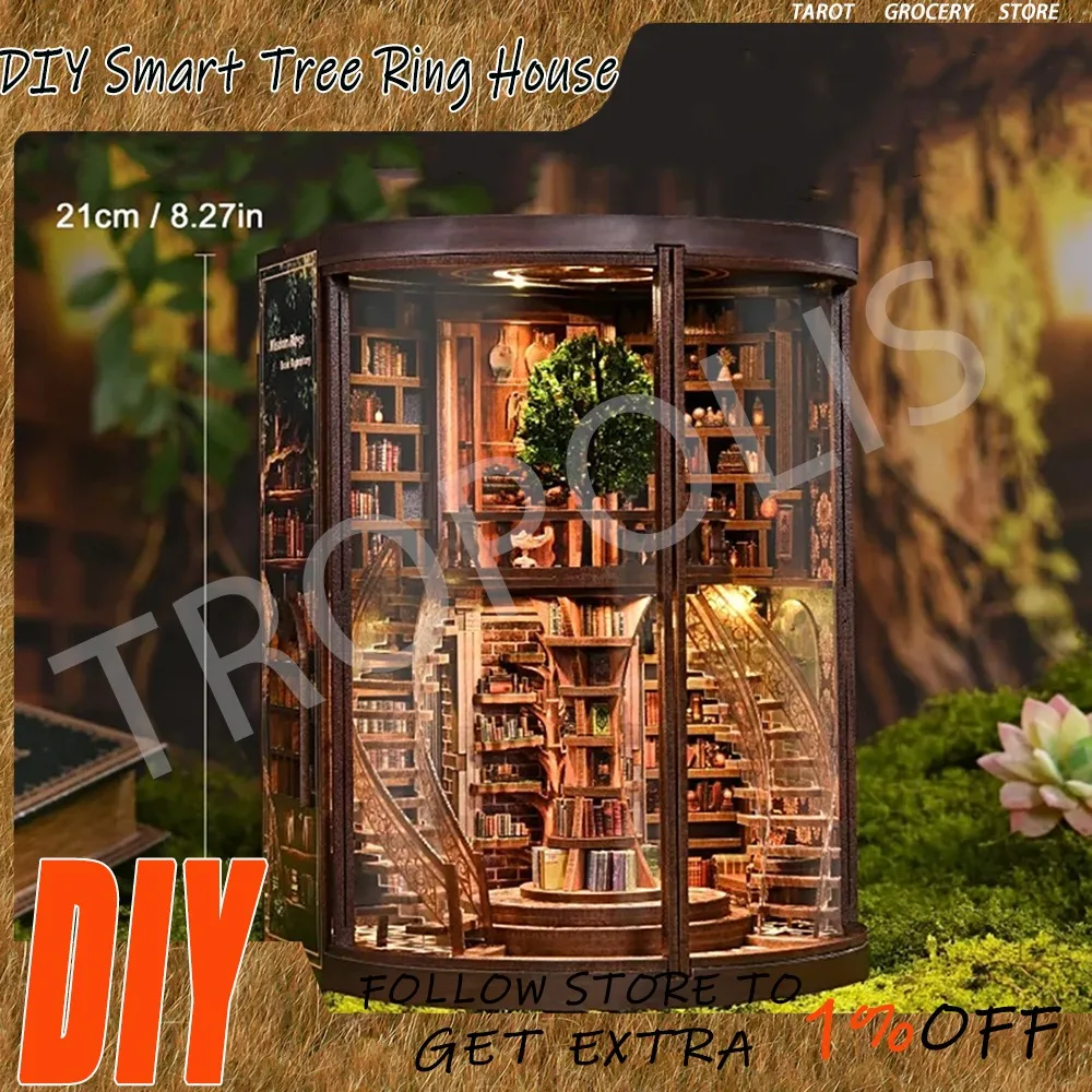 

DIY 3D Miniature Cabin Smart Tree Ring House Puzzle Bookend Wisdom Tree Ring Stereo Scene Desk Decoration Handmade Surprise Gift