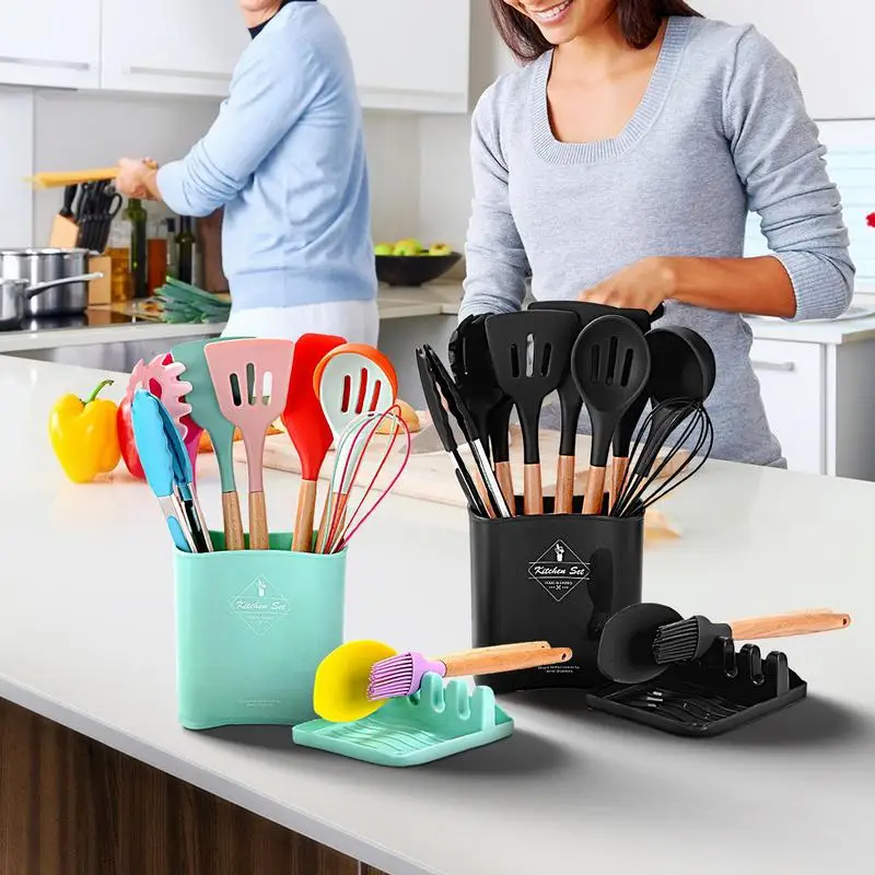 Silicone Cooking Utensils Non-Stick Kitchen Spatula Kit 12X Wooden Handle Kitchen Cooking Tool Includes Pot Spatula Soup Spoon